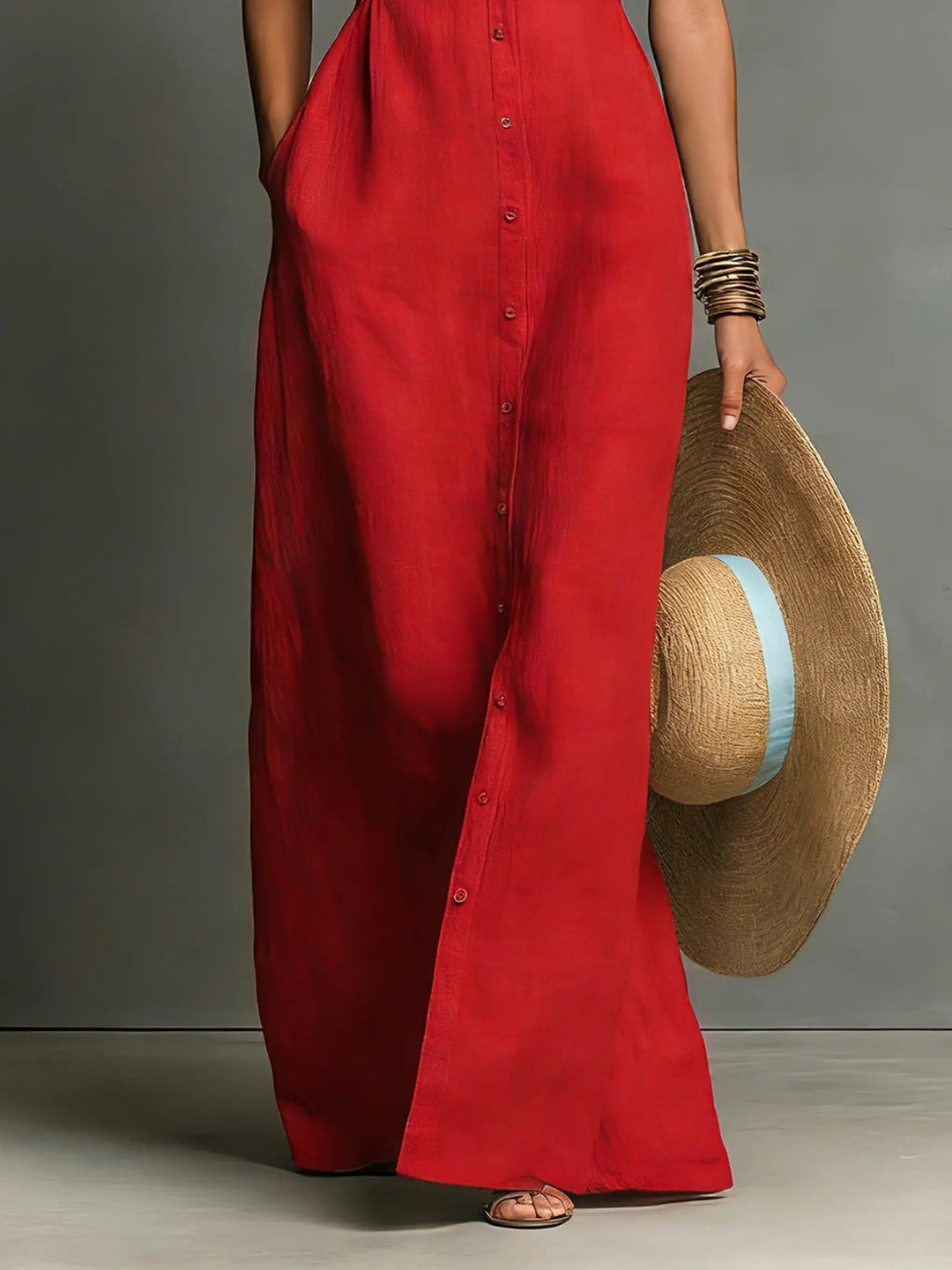 Women's elegant sleeveless maxi shirt dress, a versatile casual dress. Great for summer & resort wear.