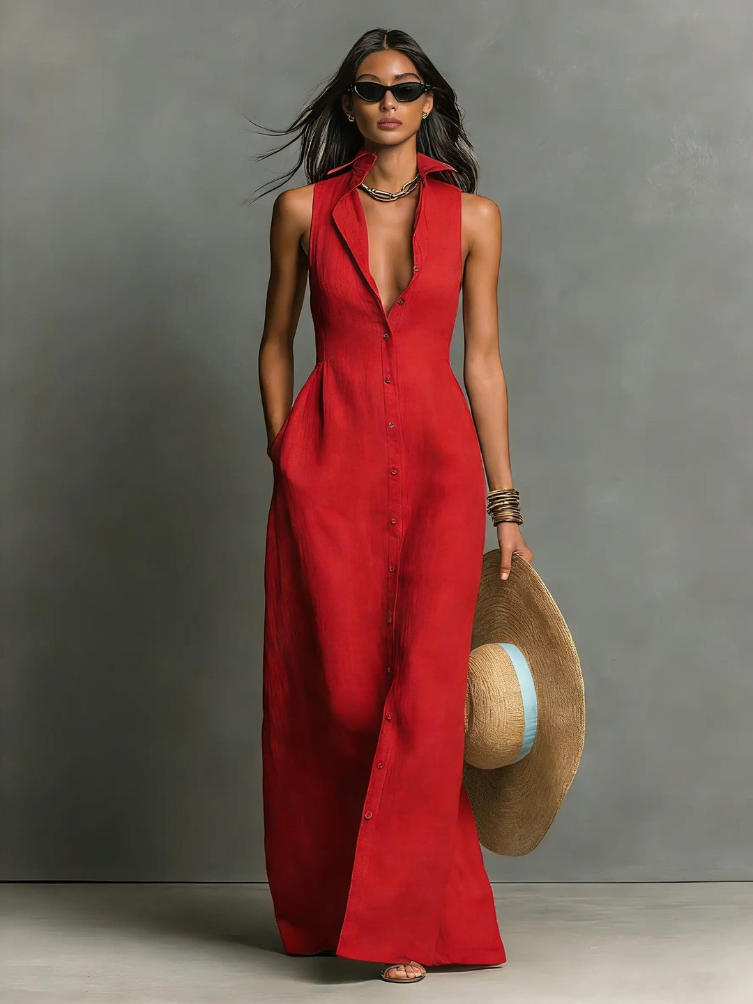 Effortless elegance in a women's sleeveless maxi shirt dress. Ideal for summer events, resort, or daily wear.