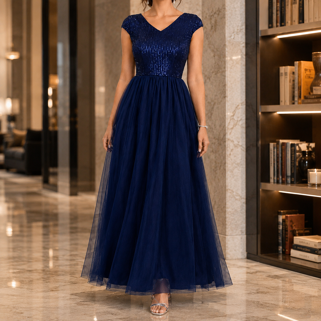 Elegant women's V-neck embellished maxi gown with cap sleeves, perfect for evening wear & special occasions.