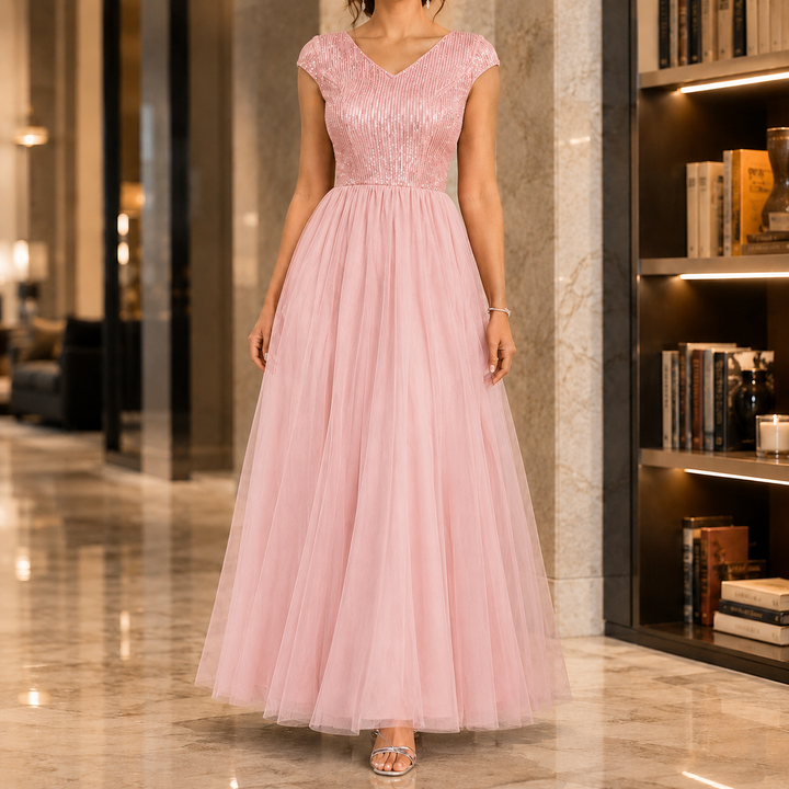 Women's elegant V-neck embellished maxi dress. Cap sleeves, flowing skirt. Perfect for special occasions.