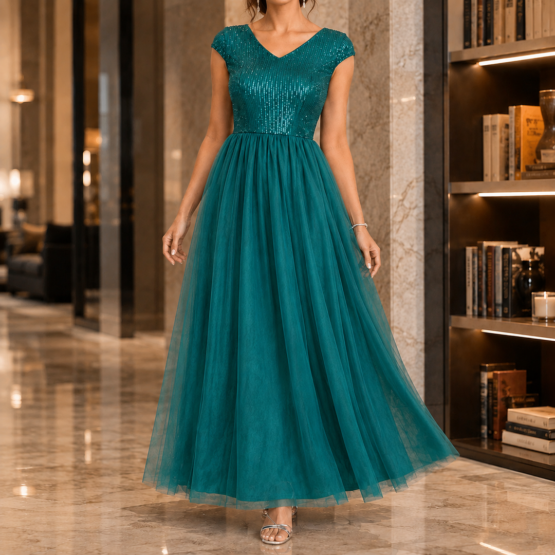 Stunning women's embellished V-neck maxi gown with cap sleeves. Formal, glamorous, and long for parties.