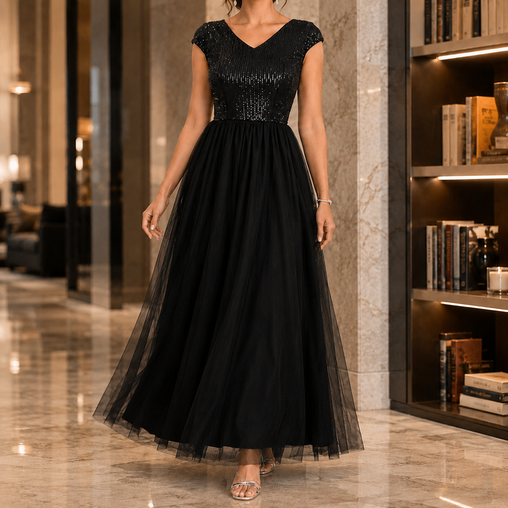 Beautiful women's V-neck embellished maxi dress. Cap sleeve, long formal evening wear with layered skirt.