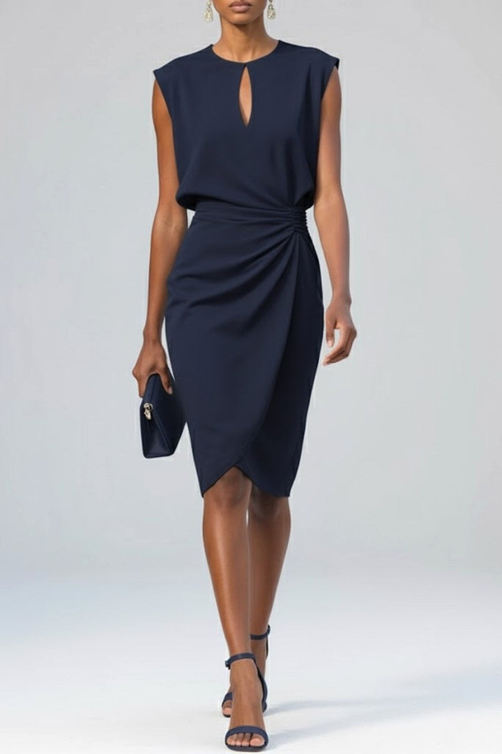 Flattering sleeveless ruched midi dress for women featuring a stylish keyhole neckline detail.