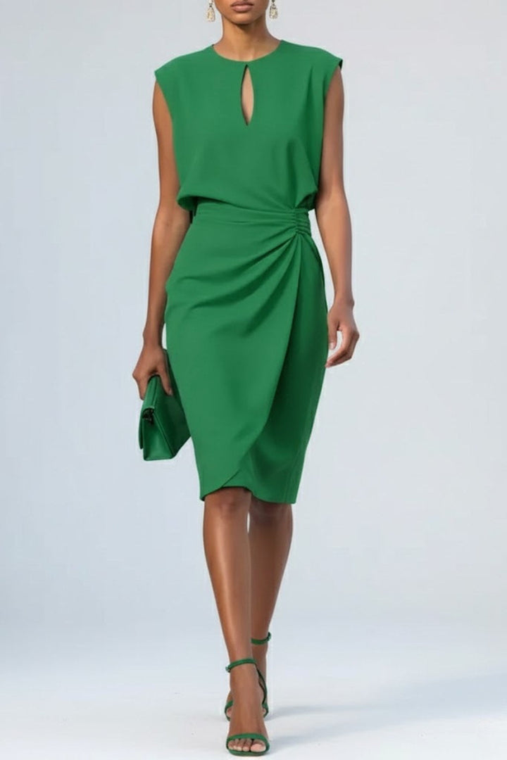 Sleeveless cocktail midi dress for women, featuring a sophisticated ruched body and keyhole neck.
