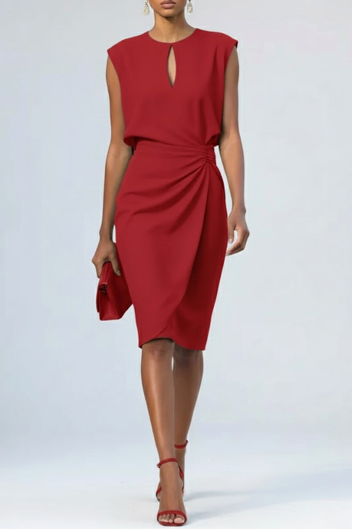 Versatile women's ruched midi dress with keyhole, ideal for elegant occasions or a chic party look.