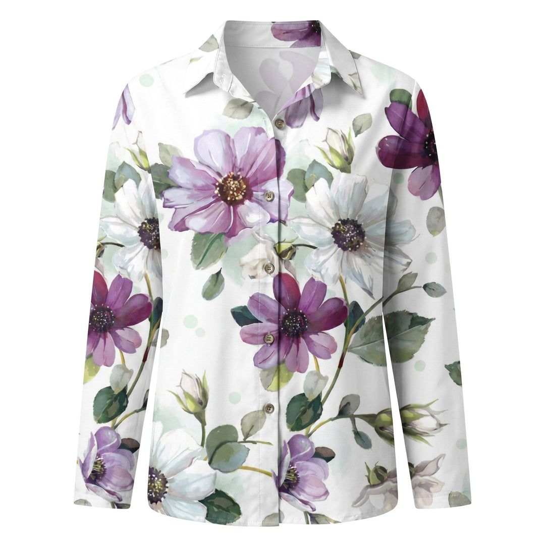 Stylish women's V-neck top, abstract print, long sleeves with roll-up tabs. Perfect for everyday.