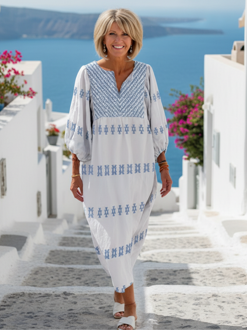 Indira | Women's Embroidered V-Neck Long Sleeve Maxi Dress - White - Image 1