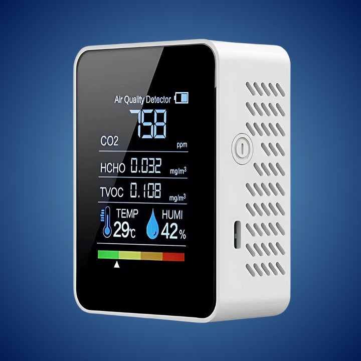 Indoor CO2 air quality monitor with real-time alerts for home & office safety.