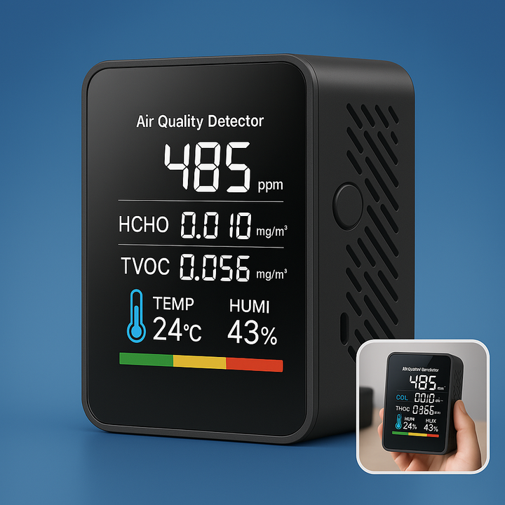 Digital indoor air quality detector displaying CO2 levels with clear, real-time alerts.