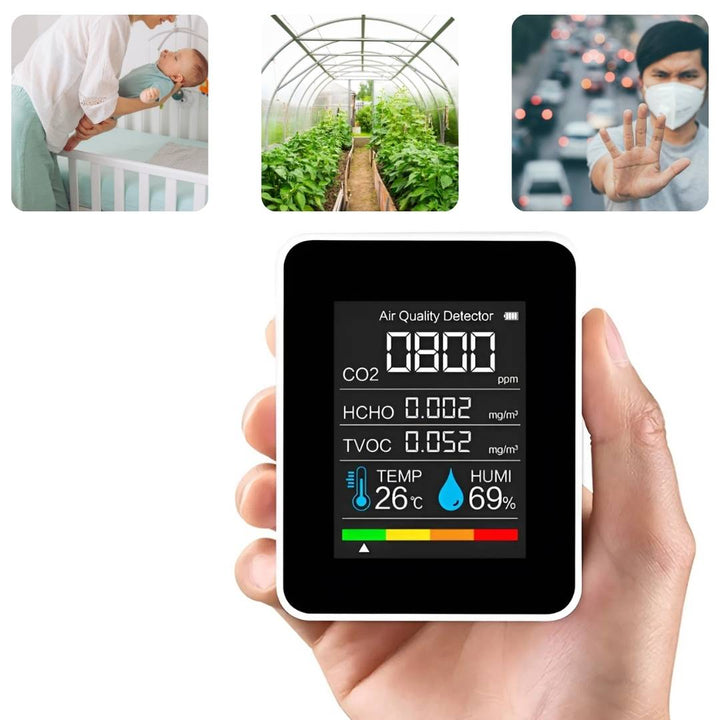 Sleek indoor CO2 monitor on a shelf, ensuring healthy air quality in a modern home.