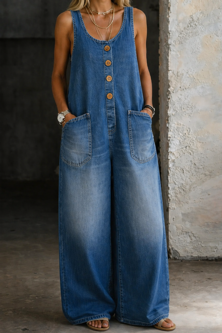 Women's blue sleeveless wide leg overalls. Casual denim jumpsuit, comfortable summer outfit.