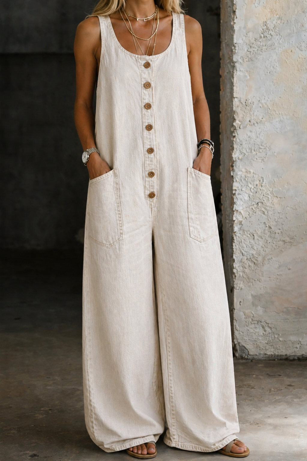 Effortless black sleeveless wide leg overalls. Comfortable women's denim jumpsuit, great for summer.