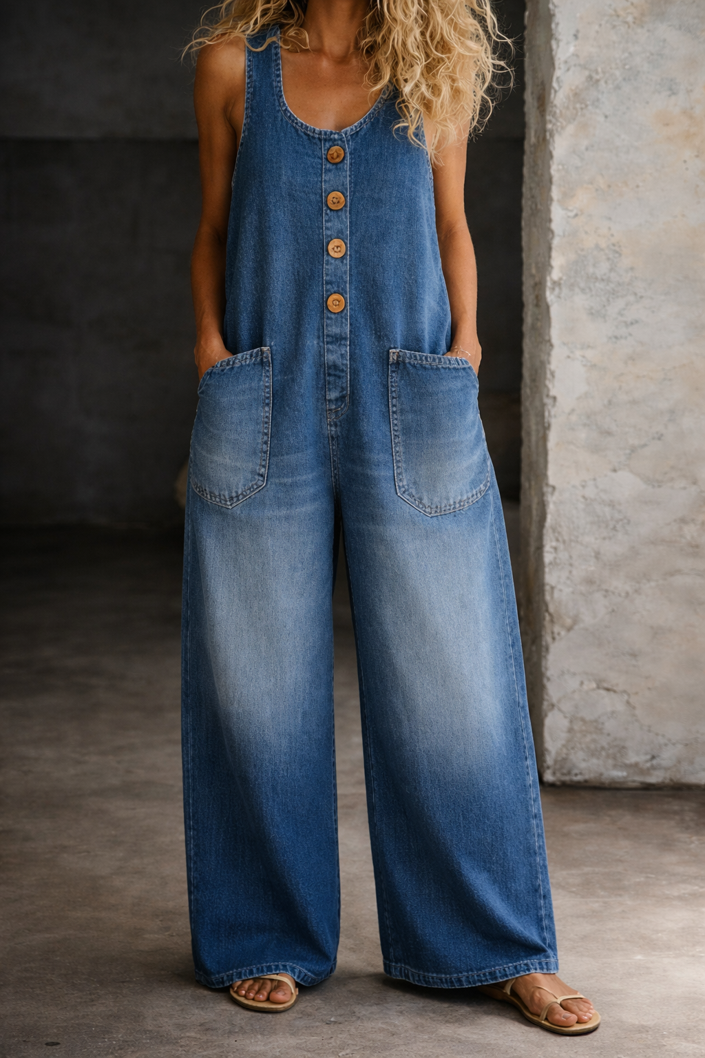 Stylish women's black sleeveless wide leg denim overalls. Relaxed fit jumpsuit for casual summer fashion.