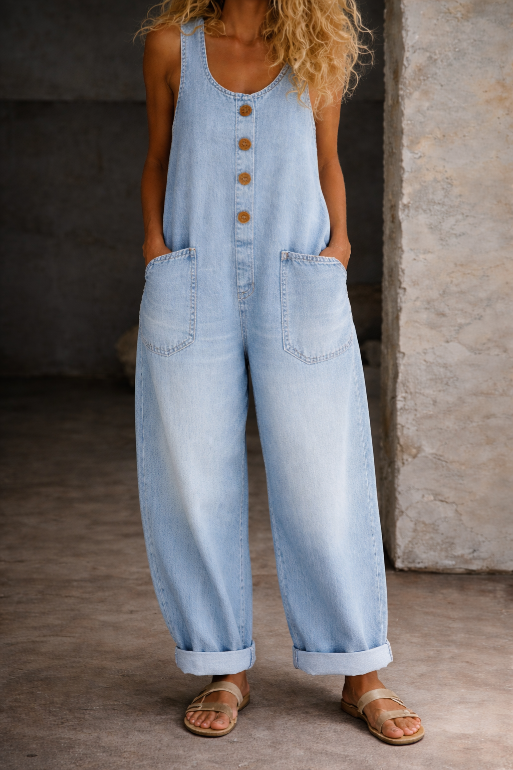 Black sleeveless wide leg overalls for women. Casual and comfortable denim jumpsuit for warm weather.