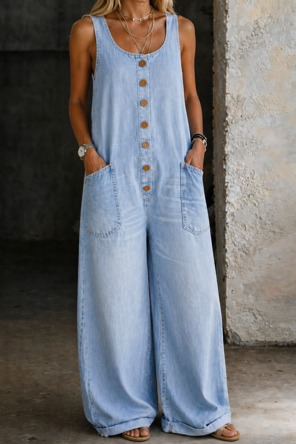 Stylish women's wide leg sleeveless overalls in blue denim. Perfect casual jumpsuit for summer.