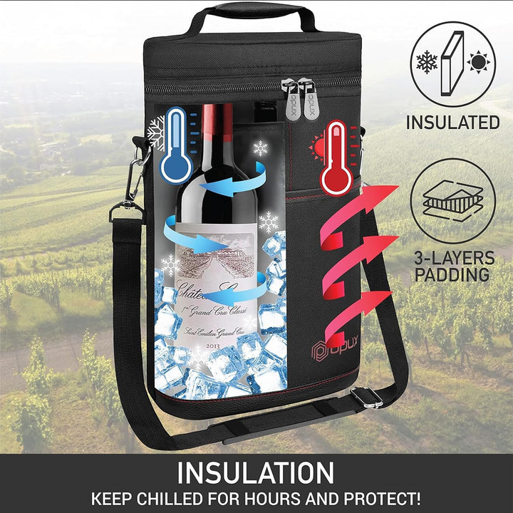 Canvas-style insulated wine tote, perfect for transporting two bottles with its adjustable strap.