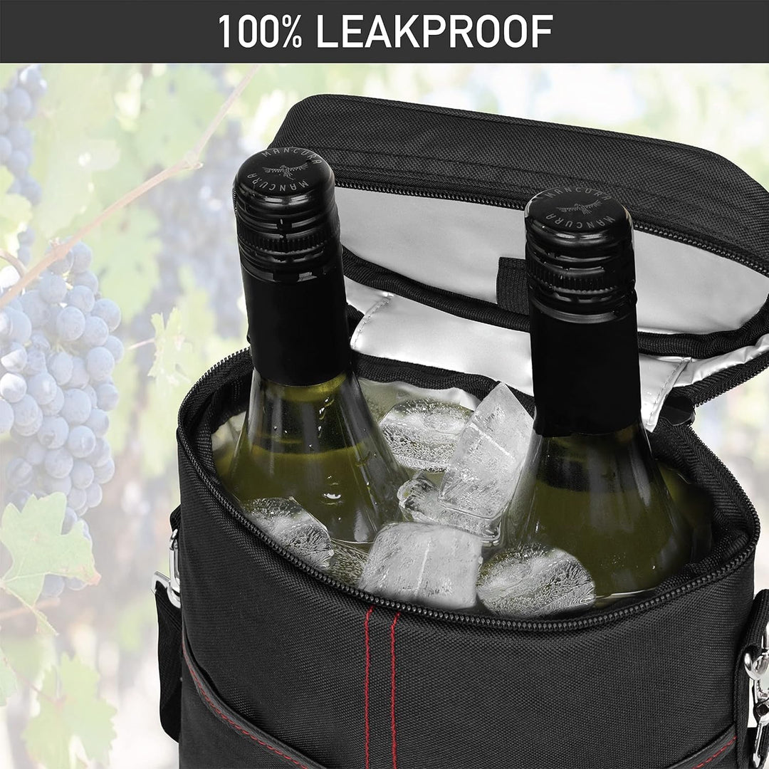 Keep wine chilled: Insulated 2-bottle cooler tote bag with adjustable strap for easy carrying to any event.