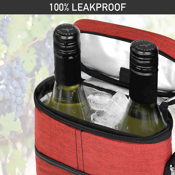 Durable insulated wine bag designed for two bottles, featuring a comfortable adjustable shoulder strap.