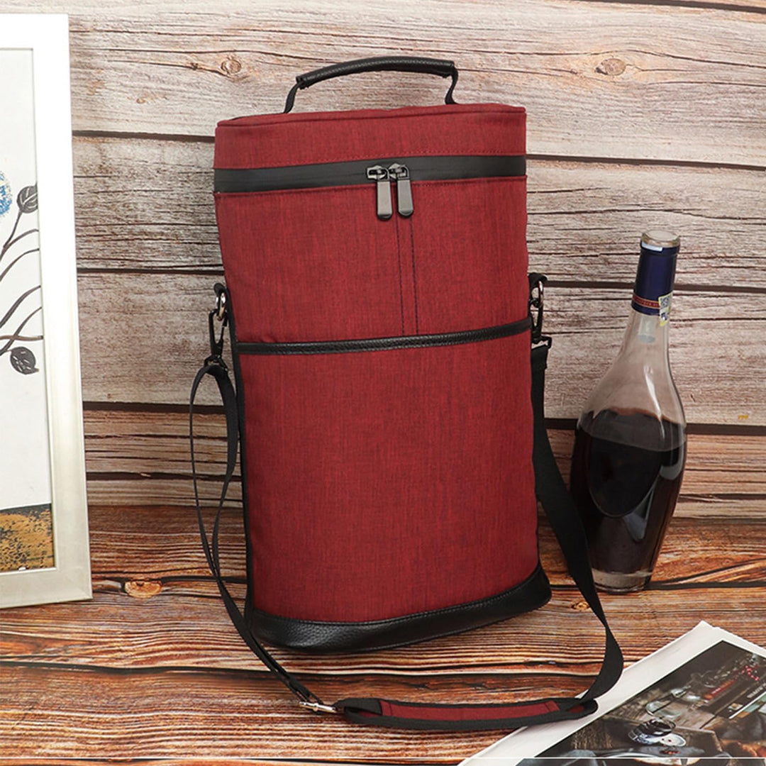 Insulated 2-bottle wine carrier tote bag with adjustable strap for secure, portable wine transport.