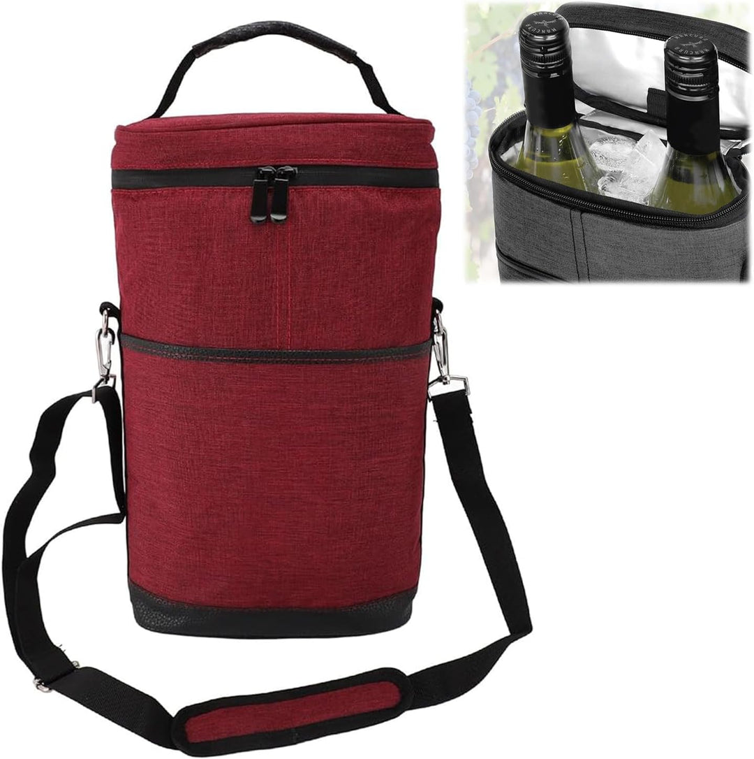 Stylish insulated wine cooler tote bag, perfect for carrying two bottles to picnics or parties.