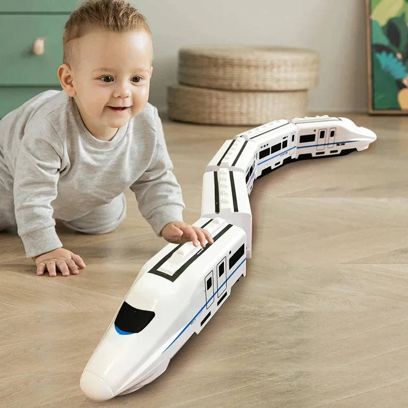 Close-up of colorful toddler train toy, showcasing its bump and go action.
