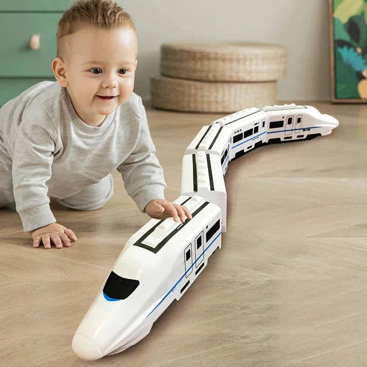 Close-up of colorful toddler train toy, showcasing its bump and go action.