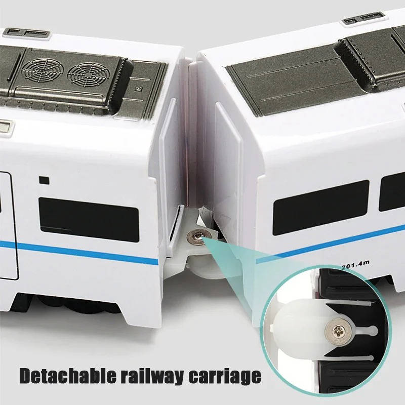 Side profile of the 4-car train toy, highlighting its bright colors and child-friendly design.