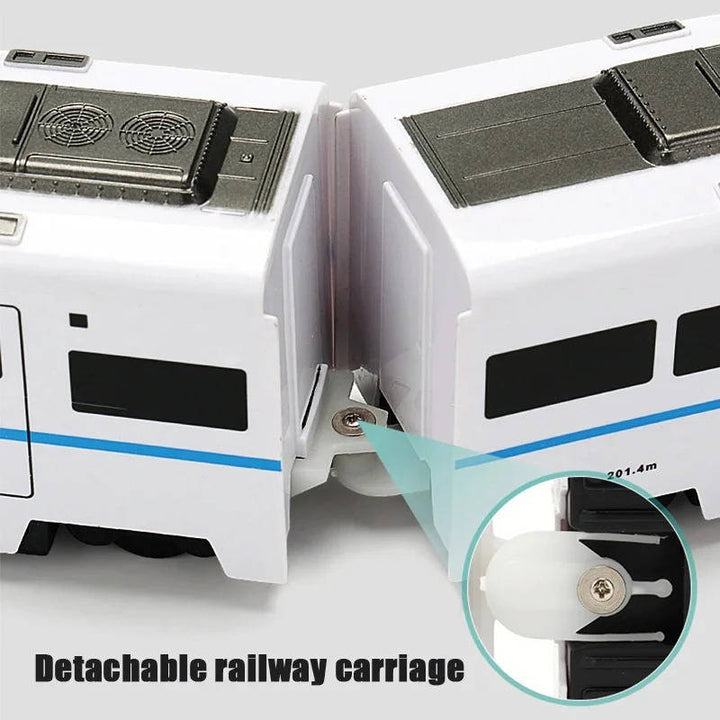 Side profile of the 4-car train toy, highlighting its bright colors and child-friendly design.