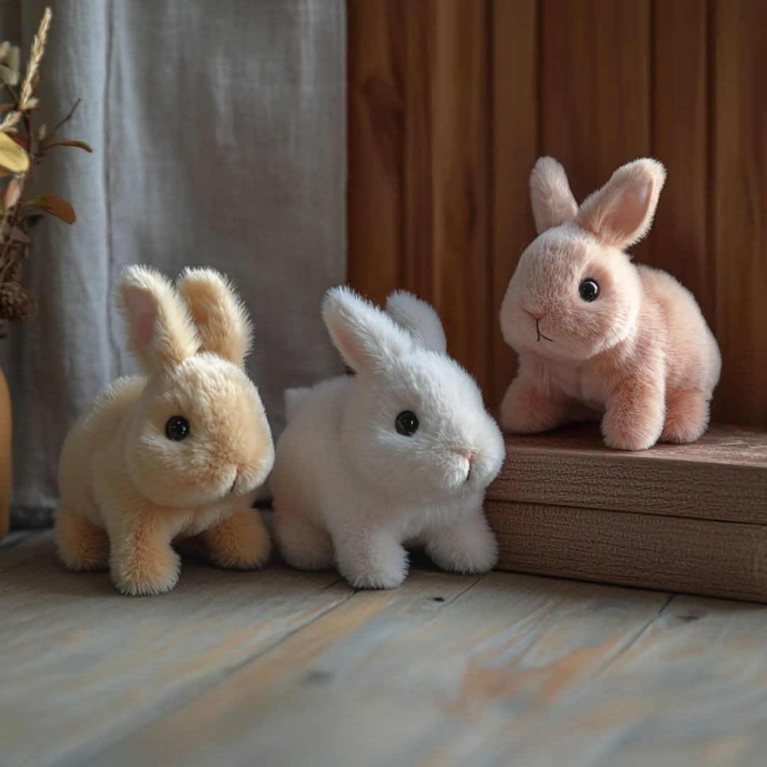 Close-up of interactive plush bunny, soft toy with realistic ear wiggles & hopping movements for kids.