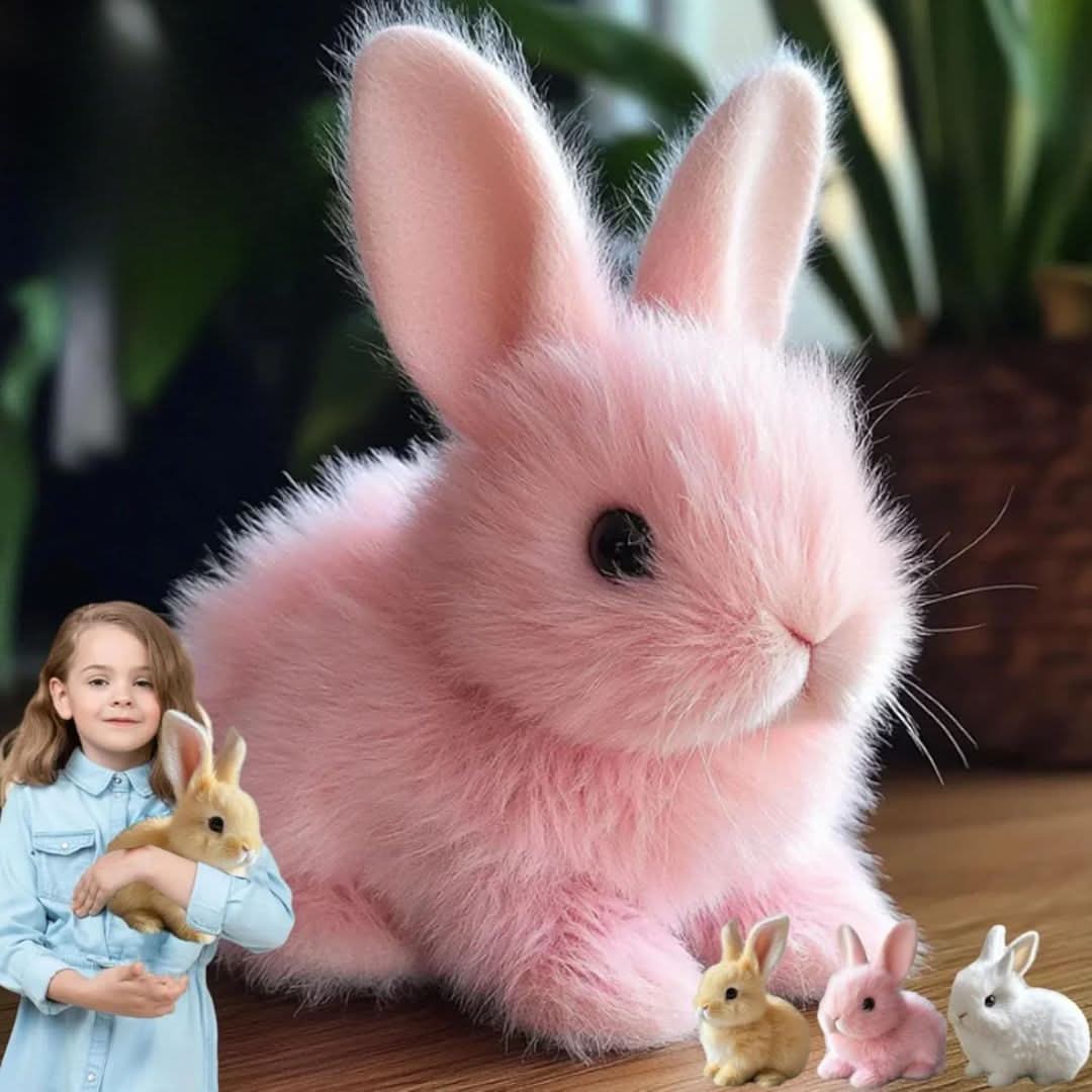 Child giggling with interactive plush bunny, a soft electronic pet toy with realistic movements & sounds.
