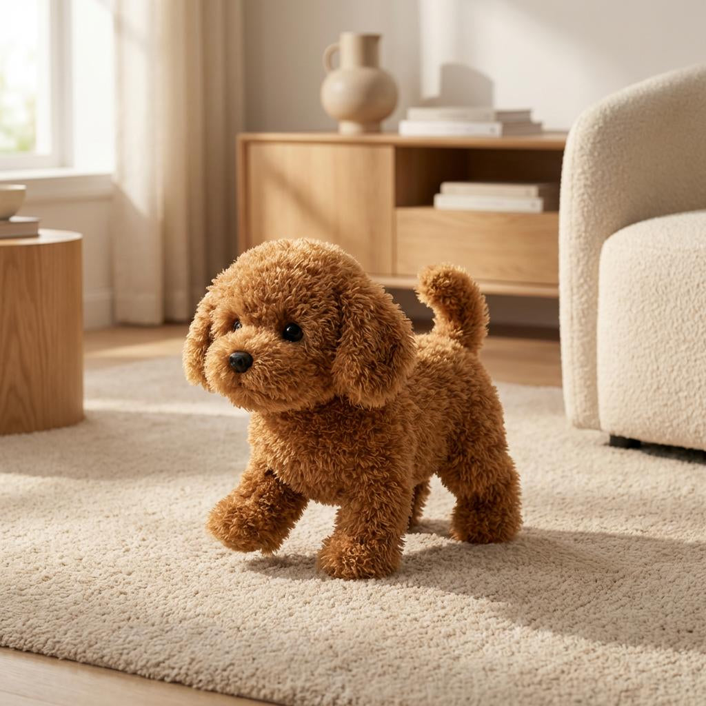 Interactive plush puppy toy that walks and barks for kids.
