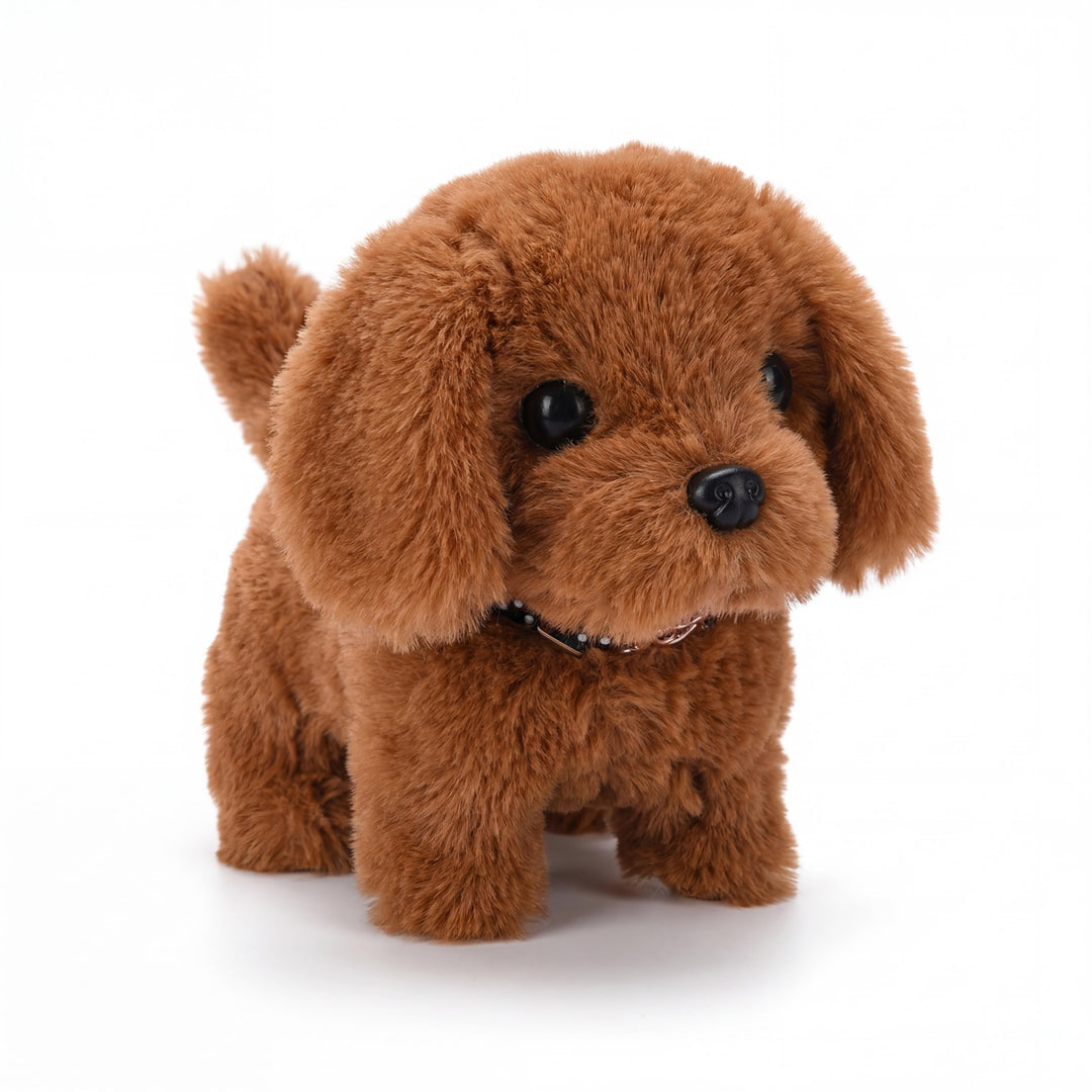 Cute plush dog toy that wags its tail realistically.