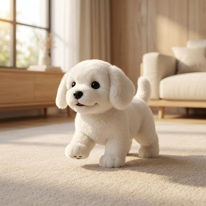 Fluffy toy dog that barks and wags its tail. Fun for kids.