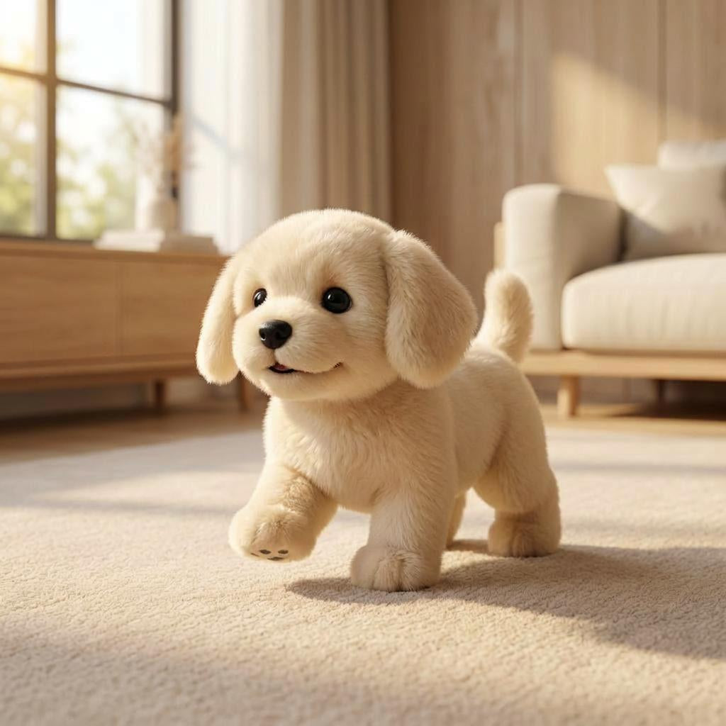 Engaging plush puppy toy that simulates a real dog's actions.