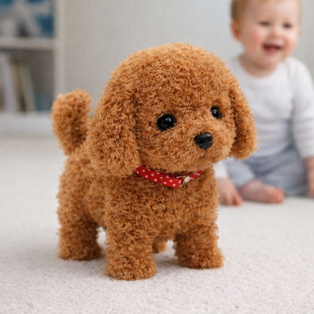Child playing with electronic plush puppy, an interactive walking toy