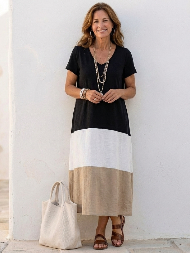 Iolanthe | Women's V Neck Colour Block Midi Dress - Image 1