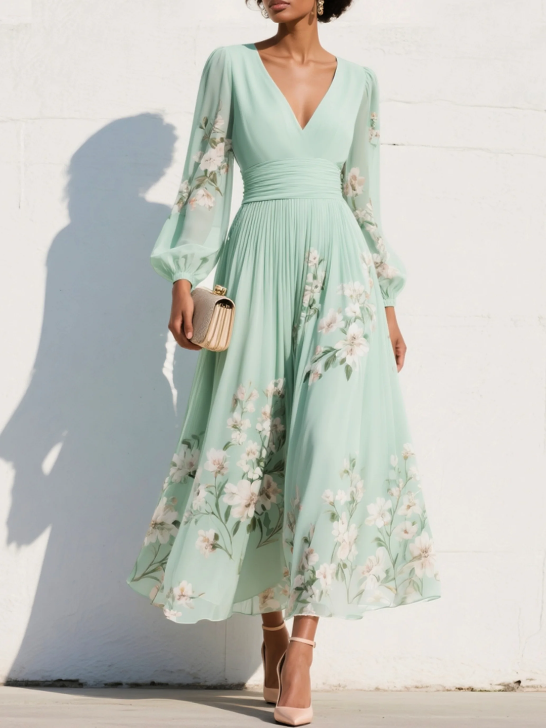 Iphigenia | Women's Floral V-Neck Long Sleeve Midi Dress - Light Green - Image 1