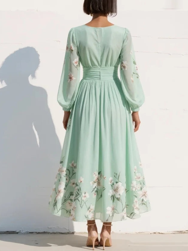 Iphigenia | Women's Floral V-Neck Long Sleeve Midi Dress - Light Green - Image 2