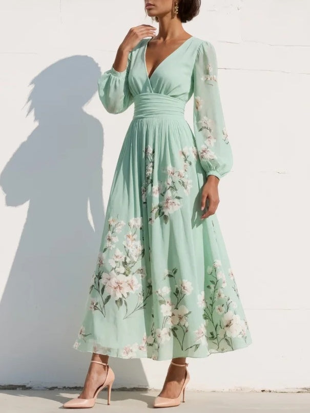 Iphigenia | Women's Floral V-Neck Long Sleeve Midi Dress - Light Green - Image 3
