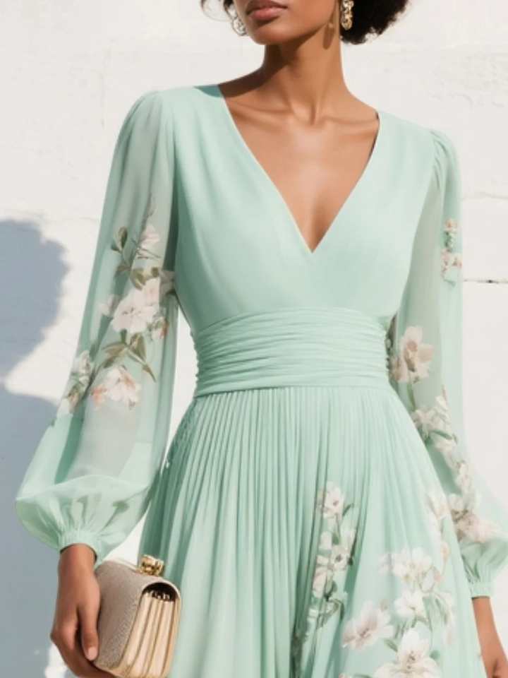 Iphigenia | Women's Floral V-Neck Long Sleeve Midi Dress - Light Green - Image 4