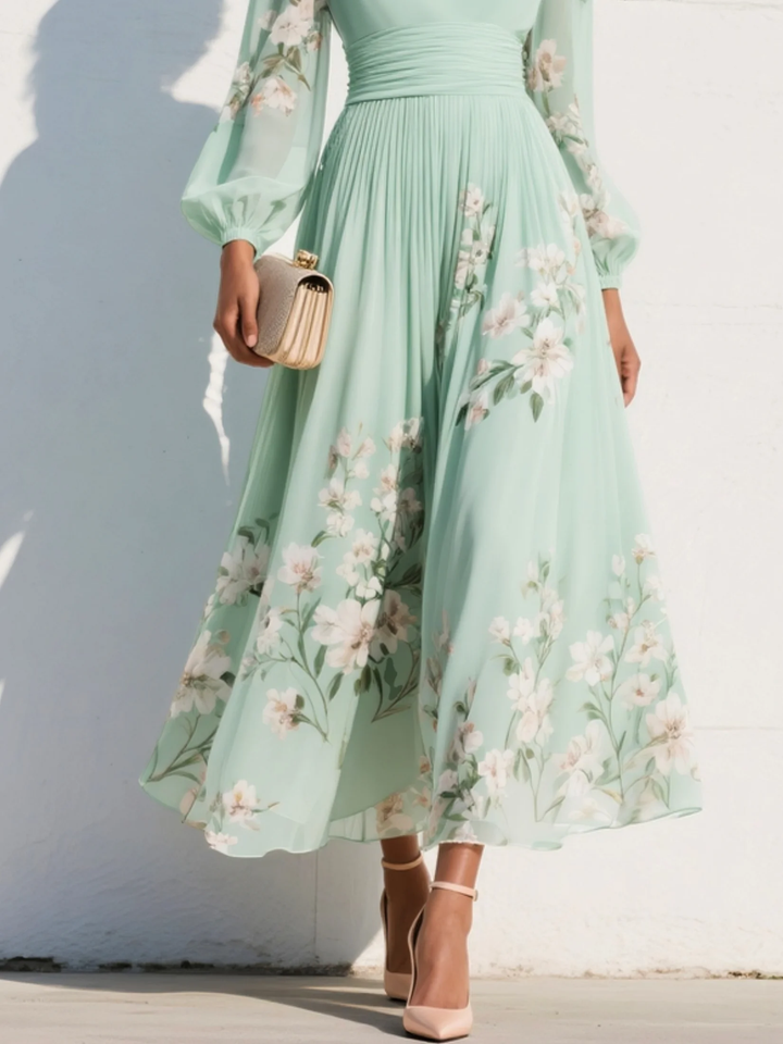 Iphigenia | Women's Floral V-Neck Long Sleeve Midi Dress - Light Green - Image 5