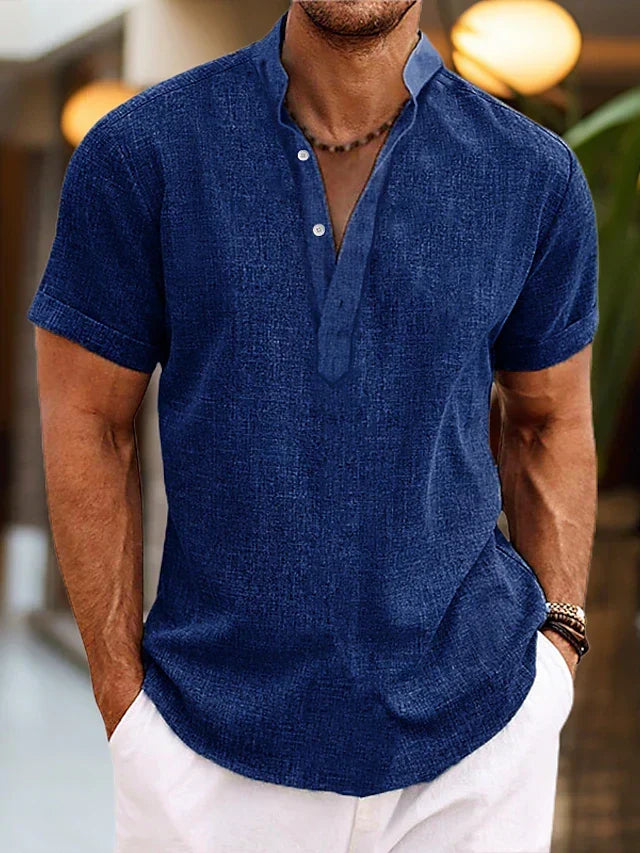 Classic men's short sleeve henley shirt with button placket, essential for summer casual style.
