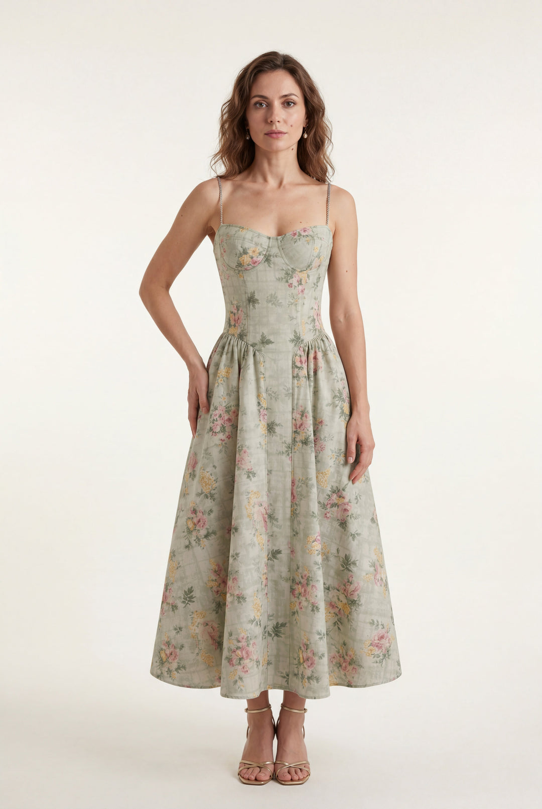 Women's effortless floral corset midi dress, perfect for summer events.