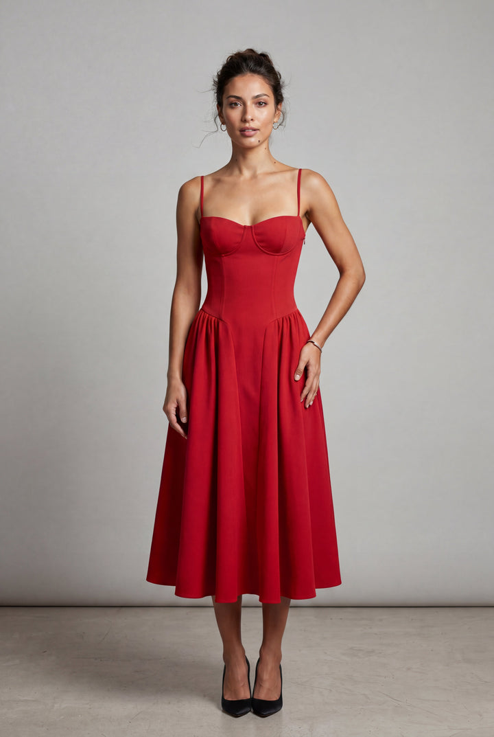 Chic floral corset midi dress for women, A-line cut, perfect summer style.