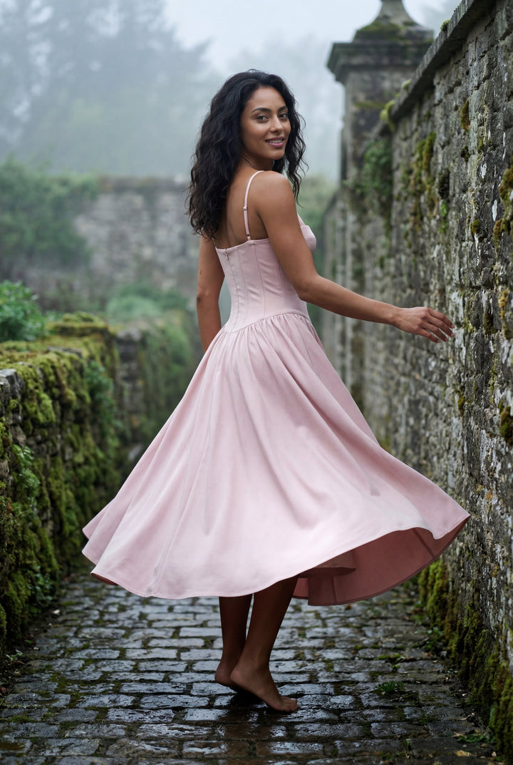 Stylish women's floral midi dress, corset detailing for chic summer fashion.