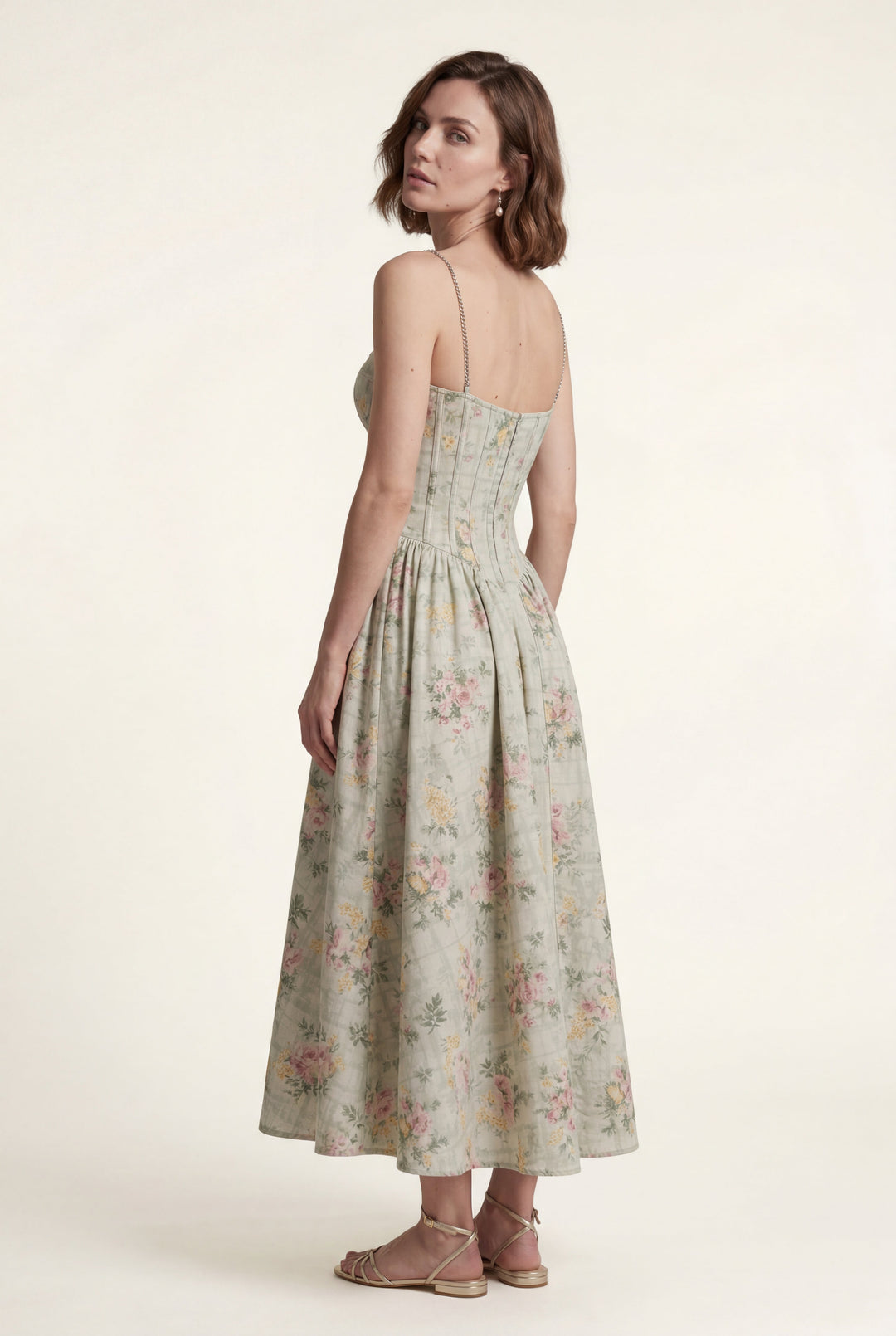 Elegant women's floral A-line midi dress with a flattering corset bodice.