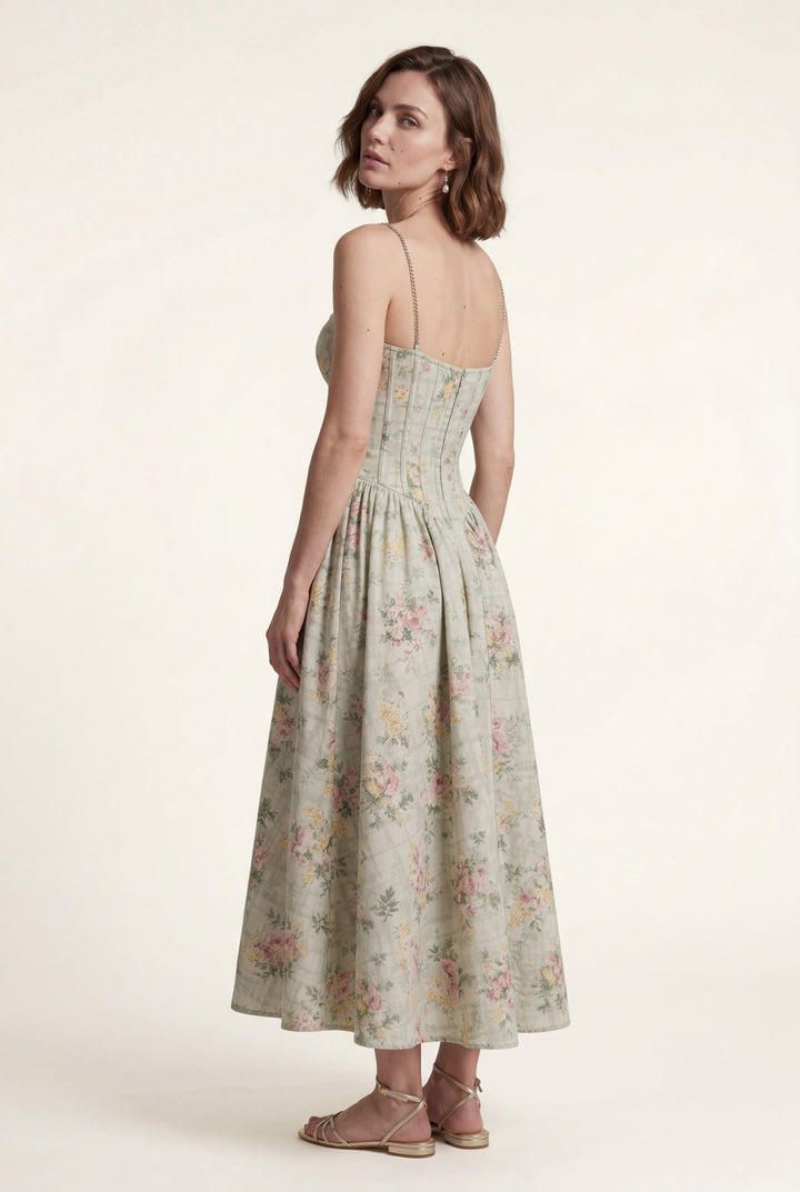Elegant women's floral A-line midi dress with a flattering corset bodice.