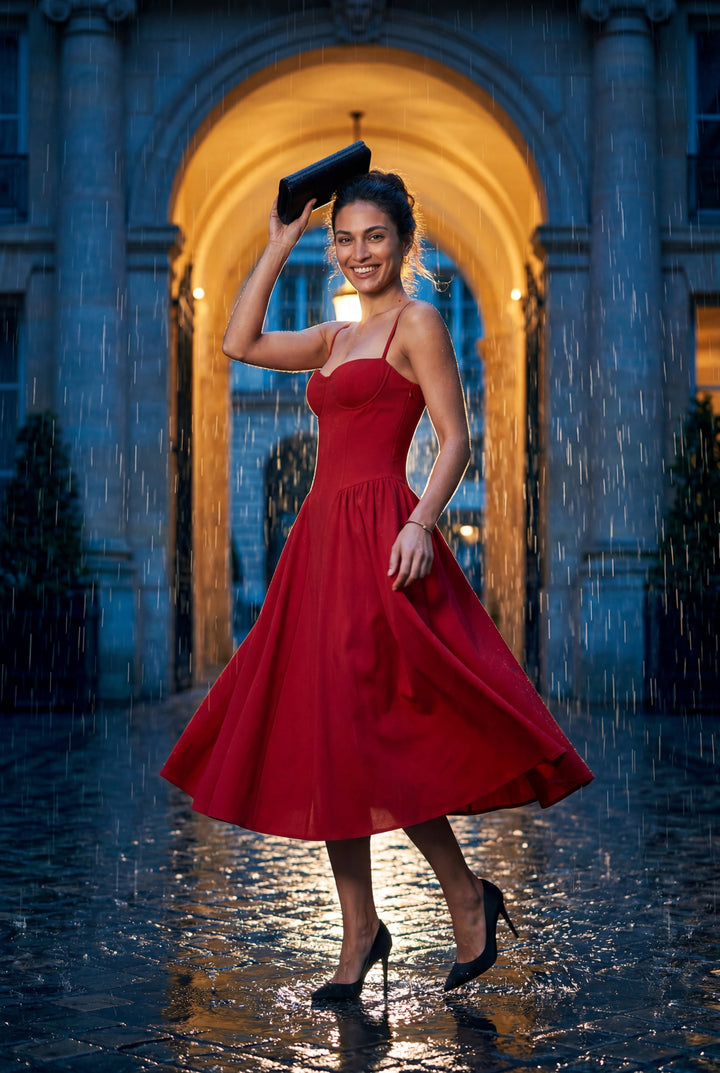 Women's floral midi dress, perfect for summer events, flattering silhouette.