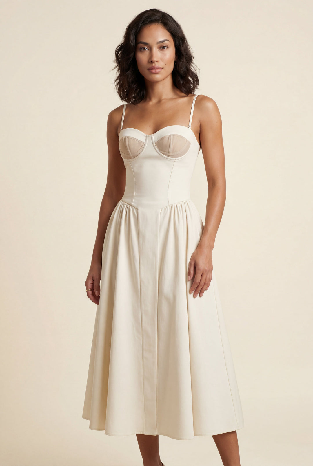 Feminine floral corset midi dress for women, featuring adjustable straps.