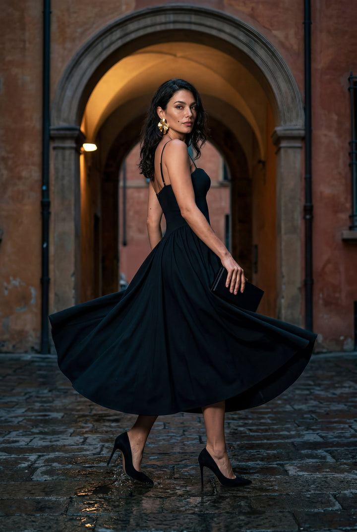 Effortless floral print midi dress, corset style, flattering A-line silhouette.
